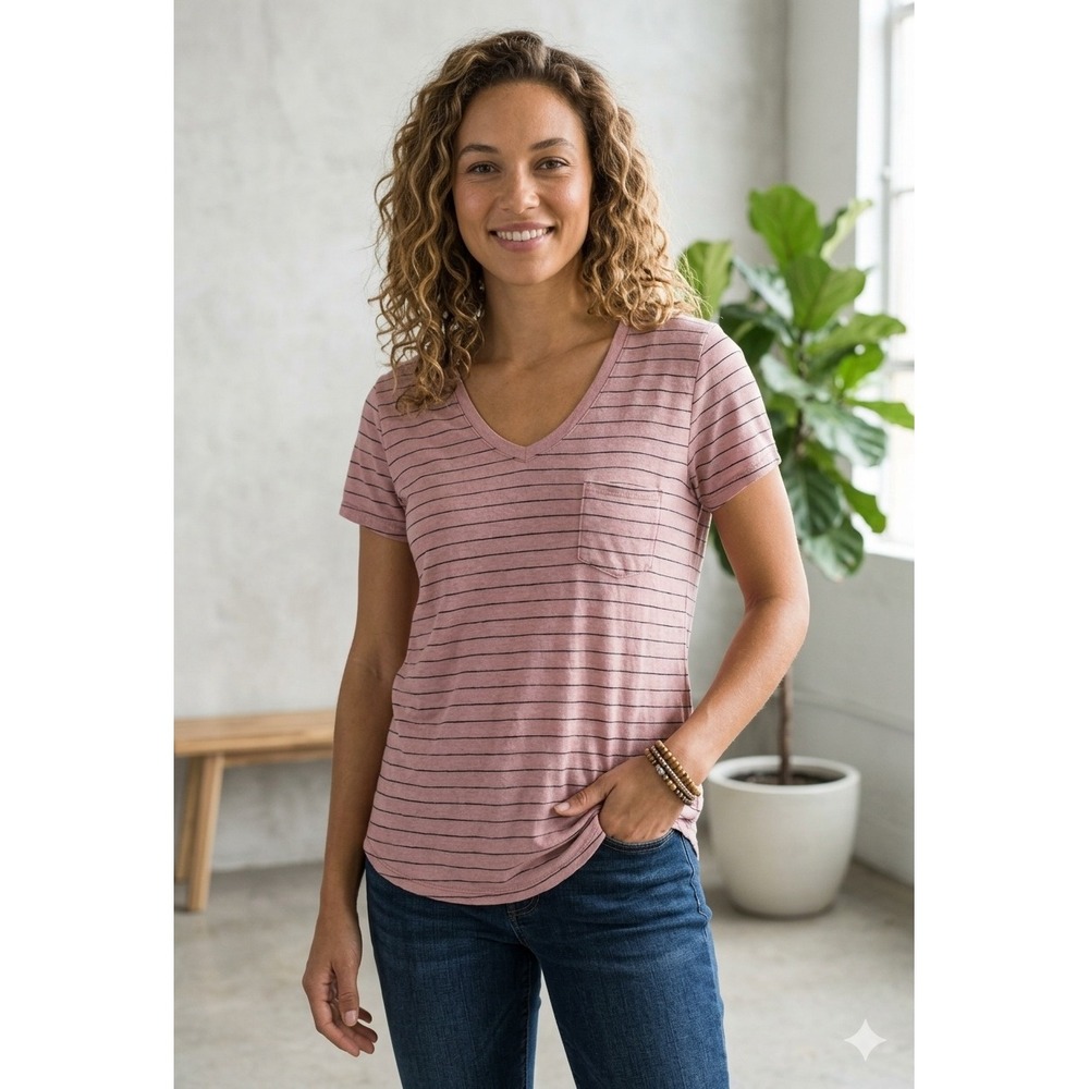 Prana Womens V-Neck Striped Pocket T-Shirt Pink Short Sleeve Size L
